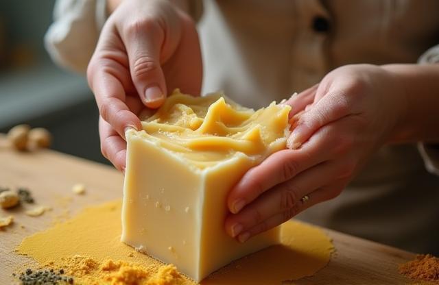 Hands crafting handmade soap with raw ingredients