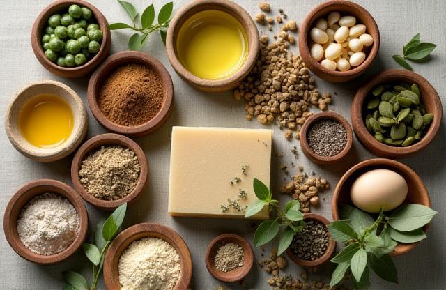 Selection of natural ingredients for soap making, including oils, herbs, and clay